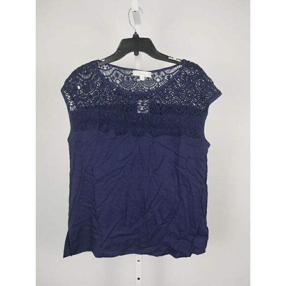 Suzanne Betro Women's Navy Lace Cap-Sleeve Top M - Picture 2 of 7